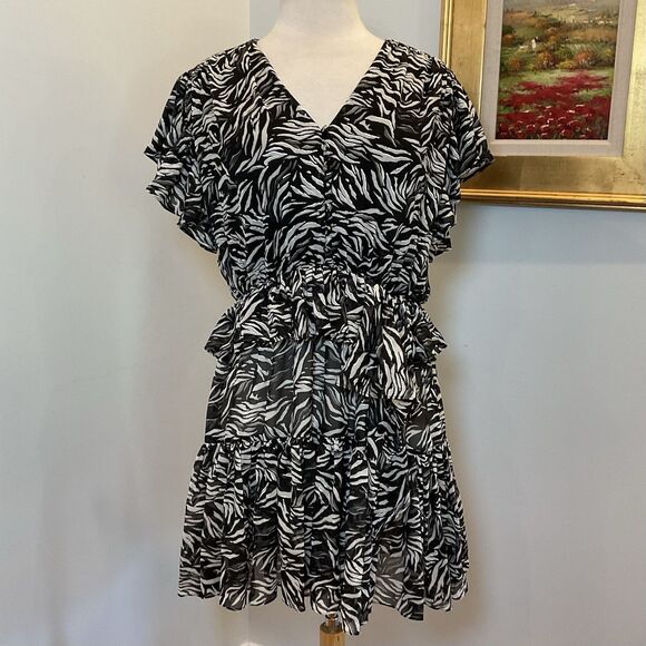 The Kooples Zebra Print Ruffled Mini Dress Size 3 (US 8) Flutter Sleeve NWT $370 - Picture 4 of 13